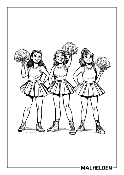 Ausmalbild eines fröhlichen Cheerleader-Teams