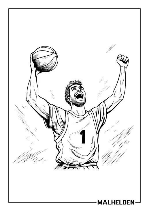 Ausmalbild eines jubelnden Basketballspielers mit einem erhobenen Basketball
